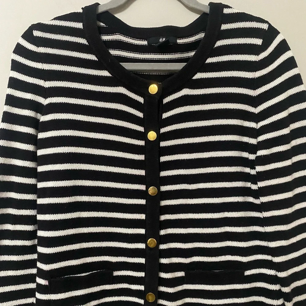 H&M Black and White Striped Gold Button Cardigan Sweater